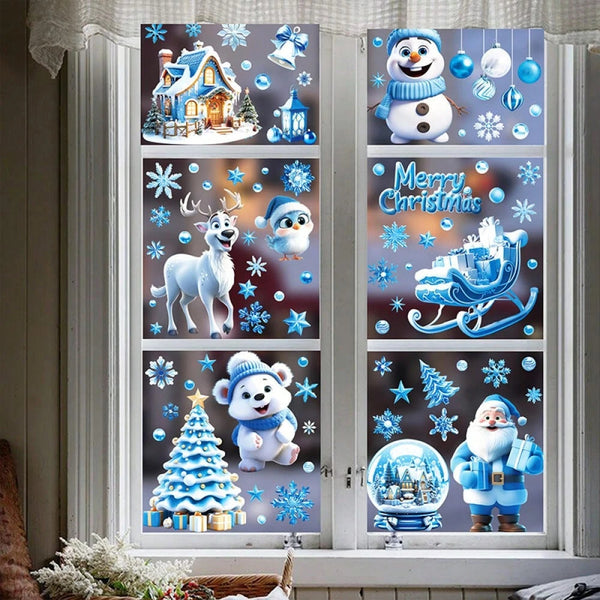 9 Sheets Christmas Window Stickers – Blue Gnome & Snowflakes Décor