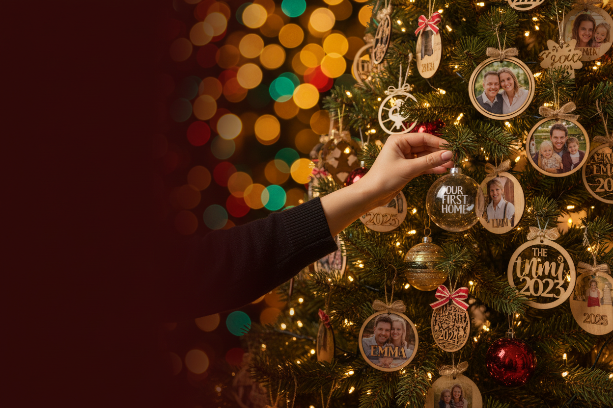 A cozy festive Christmas banner scene with a decorated Christmas tree full of personalized ornaments. 
Soft warm golden lights glowing on the tree, ornaments hanging beautifully including family photo ornaments, name ornaments, and year ornaments. 
A person’s hands gently placing a new ornament on the Christmas tree, creating an emotional and heartwarming moment. 
Background softly blurred with bokeh lights. 
Right side visually rich with ornaments, left side clean and darkened for placing marketing text. 
